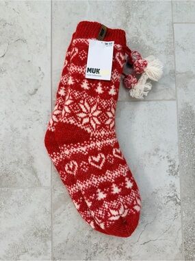 Muk Luks Red & White Fair Isle Knit Slipper Sock with Pom-Poms